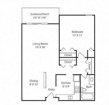 Floor plan for 1 bed, 1 bath, 806 sqft